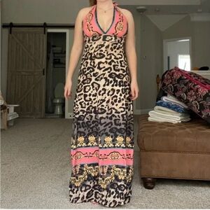 VENUS Backless Leopard Print Dress with Pink Accents